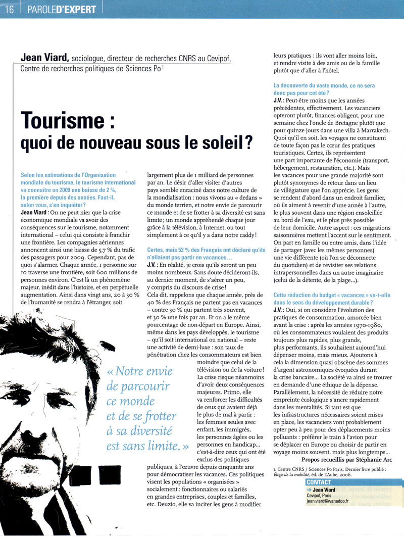 Interview de Jean Viard, sociologue « Tourisme : quoi de nouveau sous le soleil ?